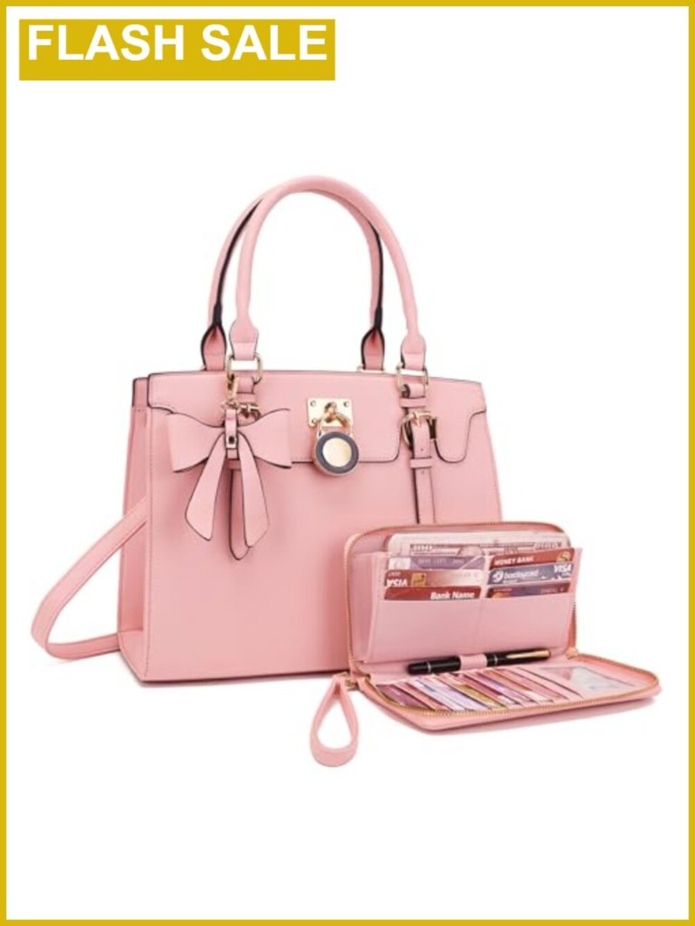 Women's Vegan Leather Satchel Tote Handbag with RFID Wallet Set, Top Handle